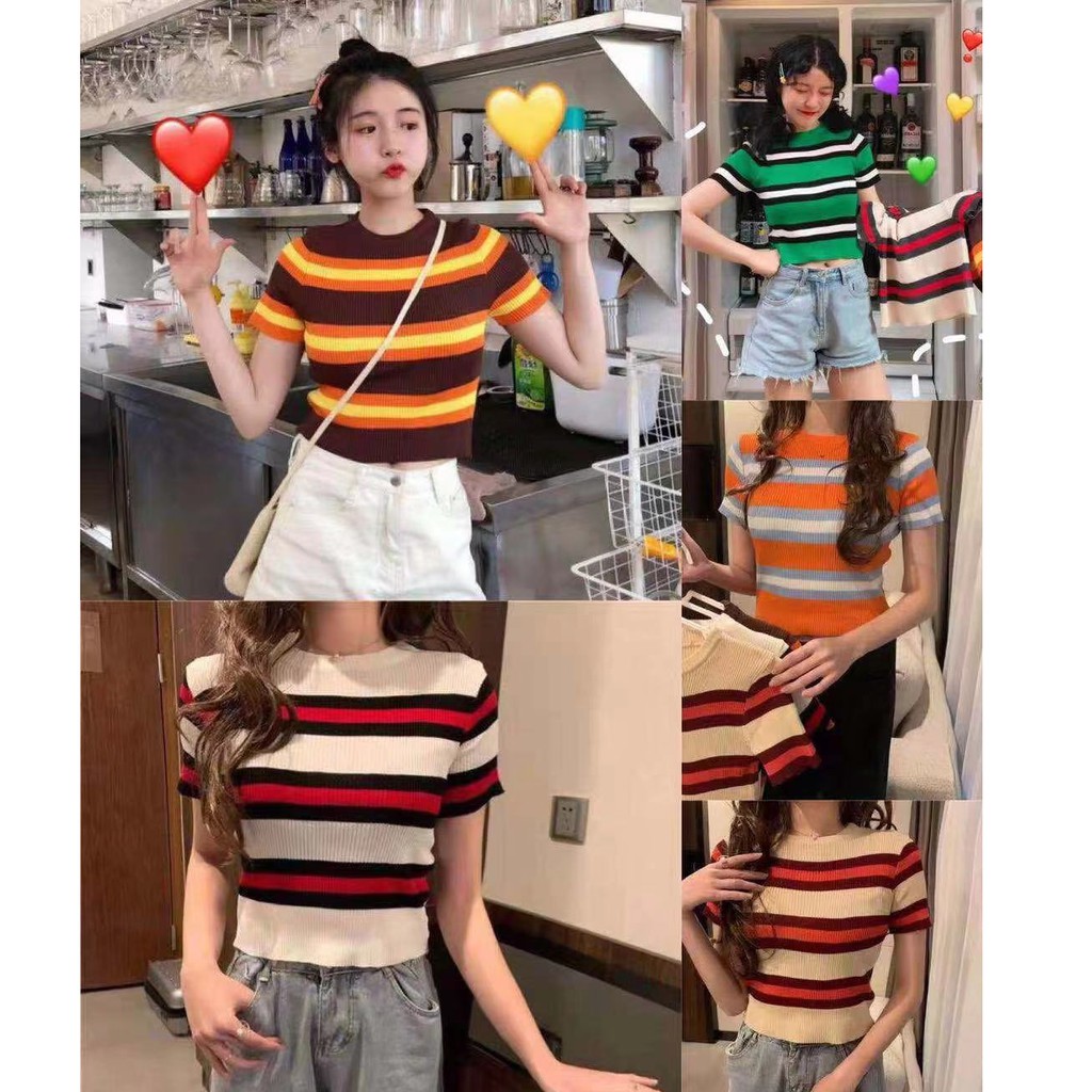 💕*Miki-Shop*พร้อมส่ง♦️♦️เสื้อไหมพรมแขนสั้น ลายทาง (มีทั้งหมด5สี) 10013*
