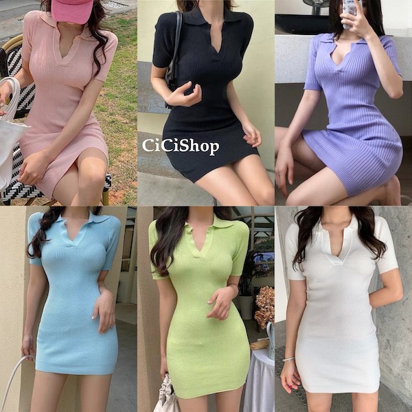 Cicishop(พร้อมส่ง)เดรสคอวีผ้าร่องไหมพรม ยืดได้เยอะ แต่งด้วยปกเหมือนเสื้อโปโล(3008-1)