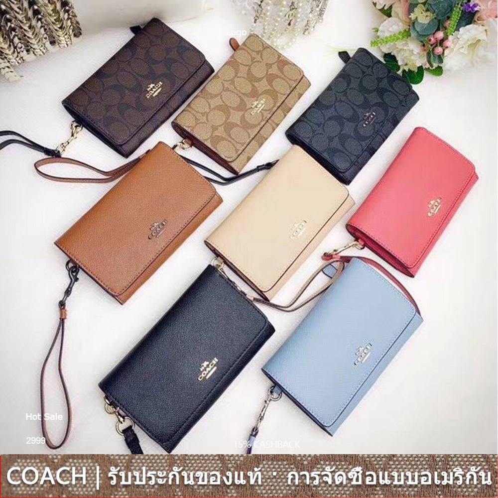 us นำเข้า⭐️ Coach F30205 F32484 Flap Phone กระเป๋าสตางค์ผู้หญิง พับ Zip Purse Wristlet 30205 32484