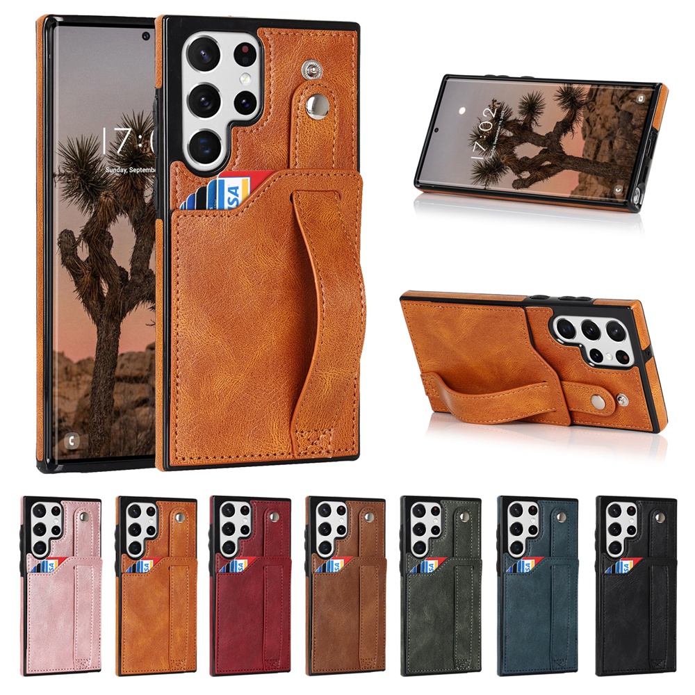 สายรัดข้อมือ PU หนังสําหรับ Samsung Galaxy Note20 Ultra S21 S22 S23 S24 S25 Ultra ฝาครอบกันกระแทกขาตั้งช่องใส่การ์ด S23 FE แฟชั่นกรณี