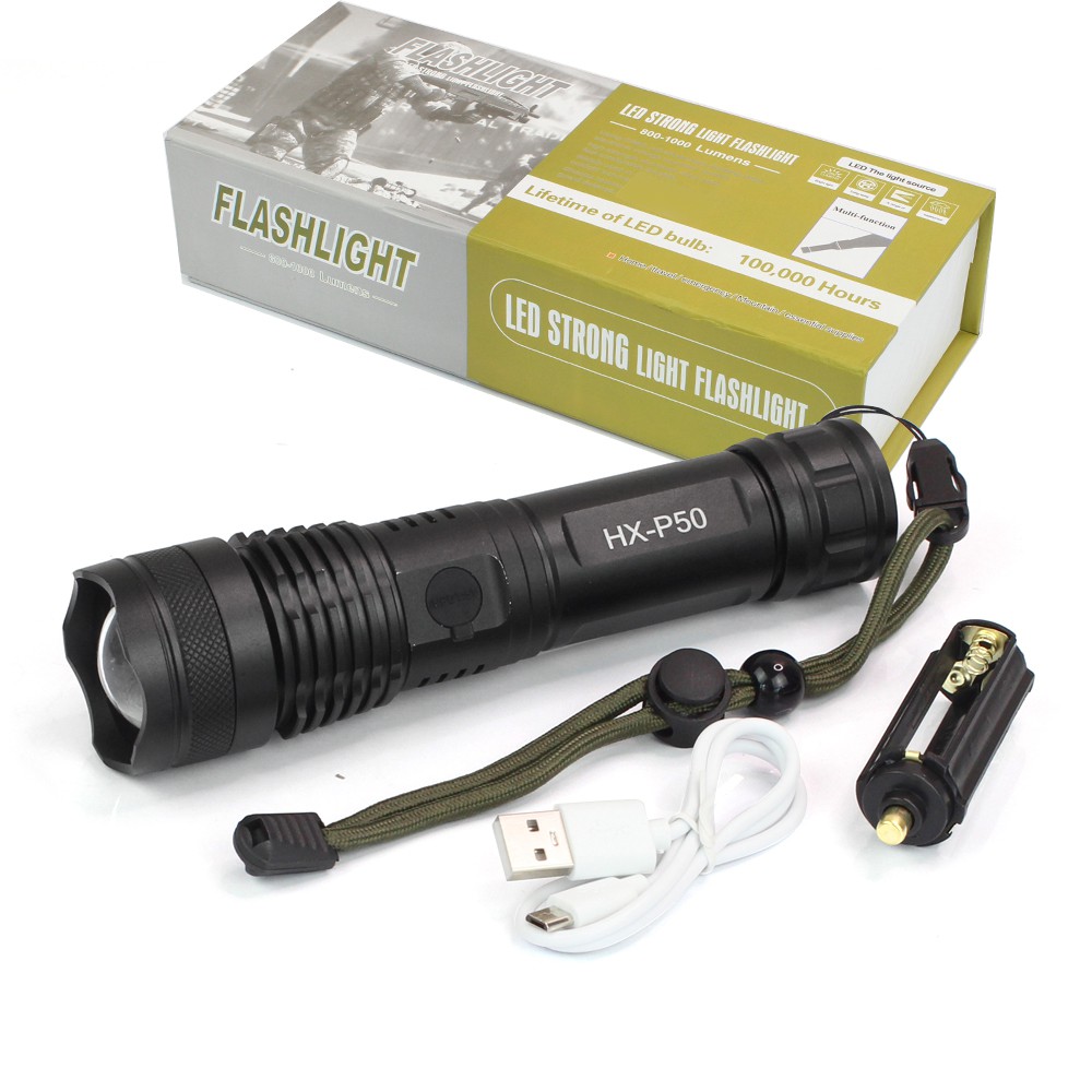 Telecorsa ไฟฉายแรงสูง ไฟฉายLED  ซูมได้ + อุปกรณ์ครบชุด พร้อมถ่านชาร์จ รุ่นFlashlight-LeD-100,000-02B-K2