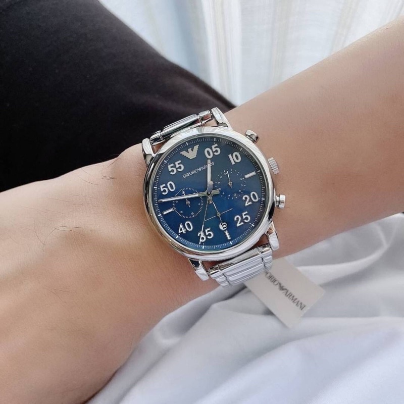 ผ่อน0%  EMPORIO ARMANI Luigi Chronograph Quartz Blue Dial Men's Watch สีเงิน-ปัดนง