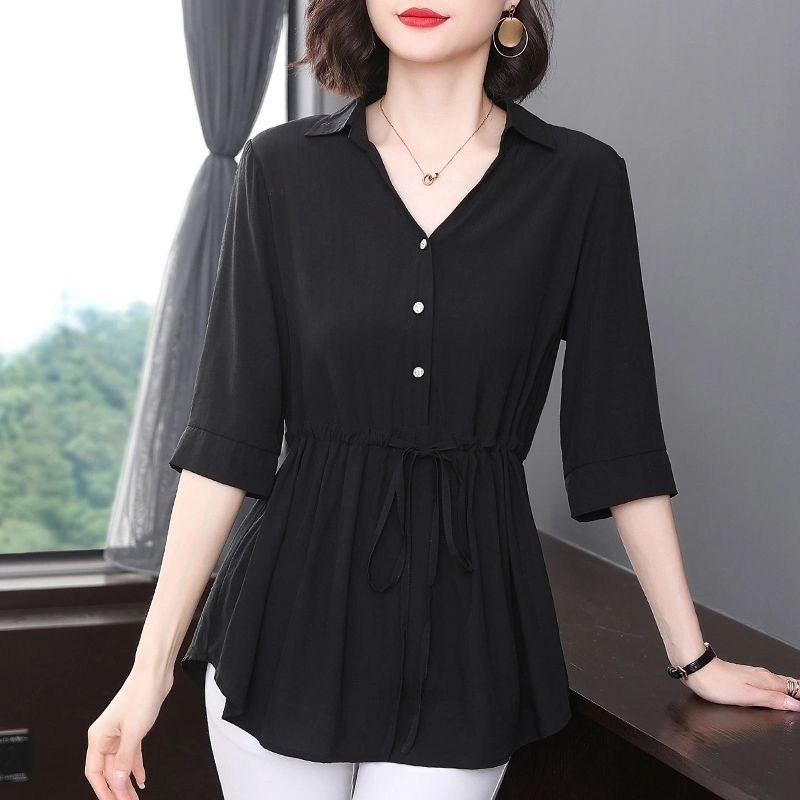 เกาหลี S-8XL Plus ขนาด V คอธรรมดา 3/4 แขน All-match เสื้อผู้หญิงทํางาน tops T-shir