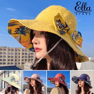 Ellastore123 หมวกปีกกว้าง ประดับโบว์ กันแดด พับได้ แฟชั่นฤดูร้อน สําหรับผู้หญิง