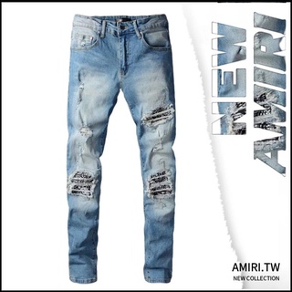 AMIRI new elastic patch blue slim ripped jeans