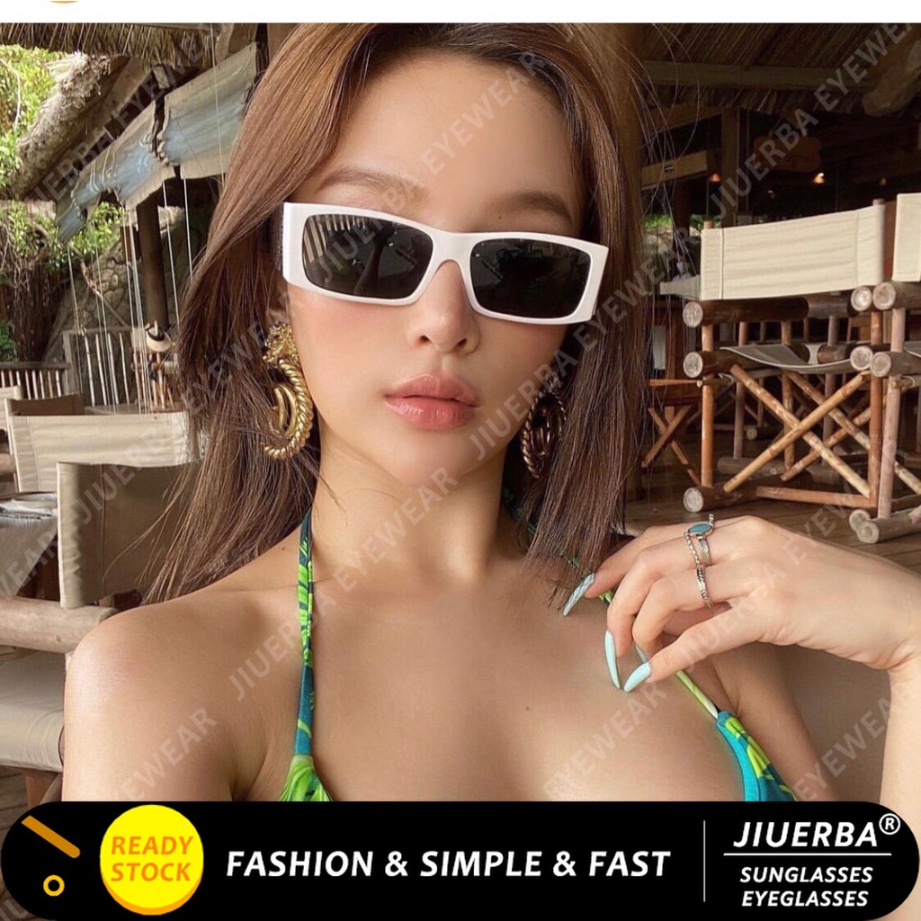 (JIUERBA) แว่นกันแดดทรงสี่เหลี่ยมแฟชั่นเกาหลีสําหรับผู้หญิงแคบสี่เหลี่ยมผืนผ้า Retro Shades สําหรับผู้หญิงแว่นตาสีลูกกวาด