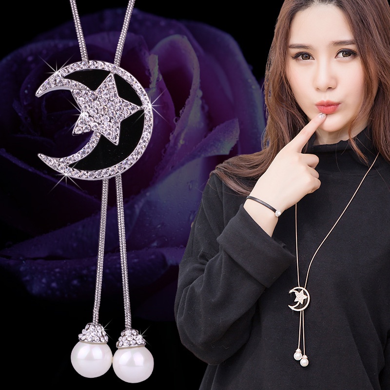 etrendy เครื่องประดับ สร้อยคอยาว จี้รูปดาว ดวงจันทร์ หรูหรา สําหรับผู้หญิง