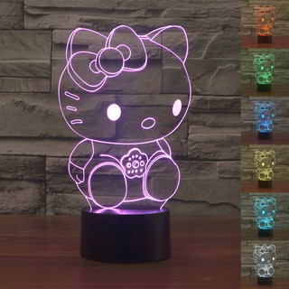 Kawaii โคมไฟตั้งโต๊ะ LED ลาย Hello Kitty 3D ไล่โทนสี 7 สี ชาร์จ USB