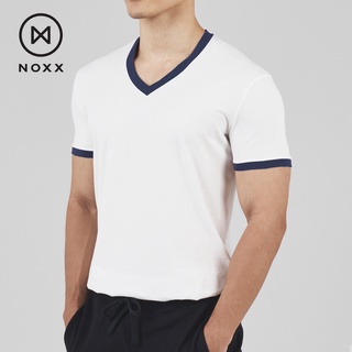 Noxx V-neck T-shirt: เสื้อยืด คอวี สีขาว ขอบน้ำเงินกรมท่า