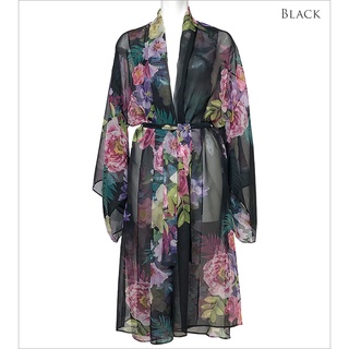 Annebra เสื้อคลุม ทรงกิโมโน ผ้าชีฟองพิมพ์ลาย Chiffon Robe รุ่น AN8-673 สีดำ