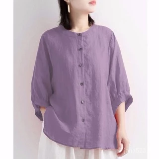 เสื้อเชิ้ตสตรีผ้าฝ้ายและผ้าลินินแขนแลนเทิร์นทรงหลวมขนาดใหญ่ Retro