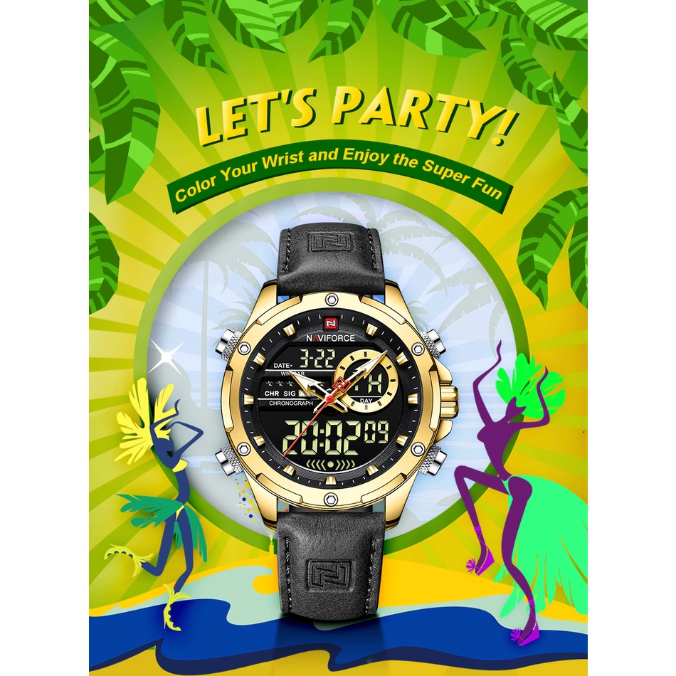 !! ใหม่ล่าสุด !! ส่งจากไทย นาฬิกา Naviforce รุ่น NF9208 G/B สีทองดำ 2 ระบบ สายหนัง แท้100% รับประกัน