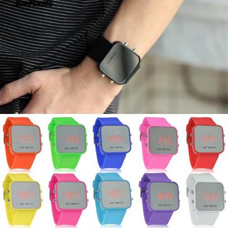 Unisex ลูกอมสี LED Mirror Dial สายซิลิโคนข้อมือกีฬาข้อมือ