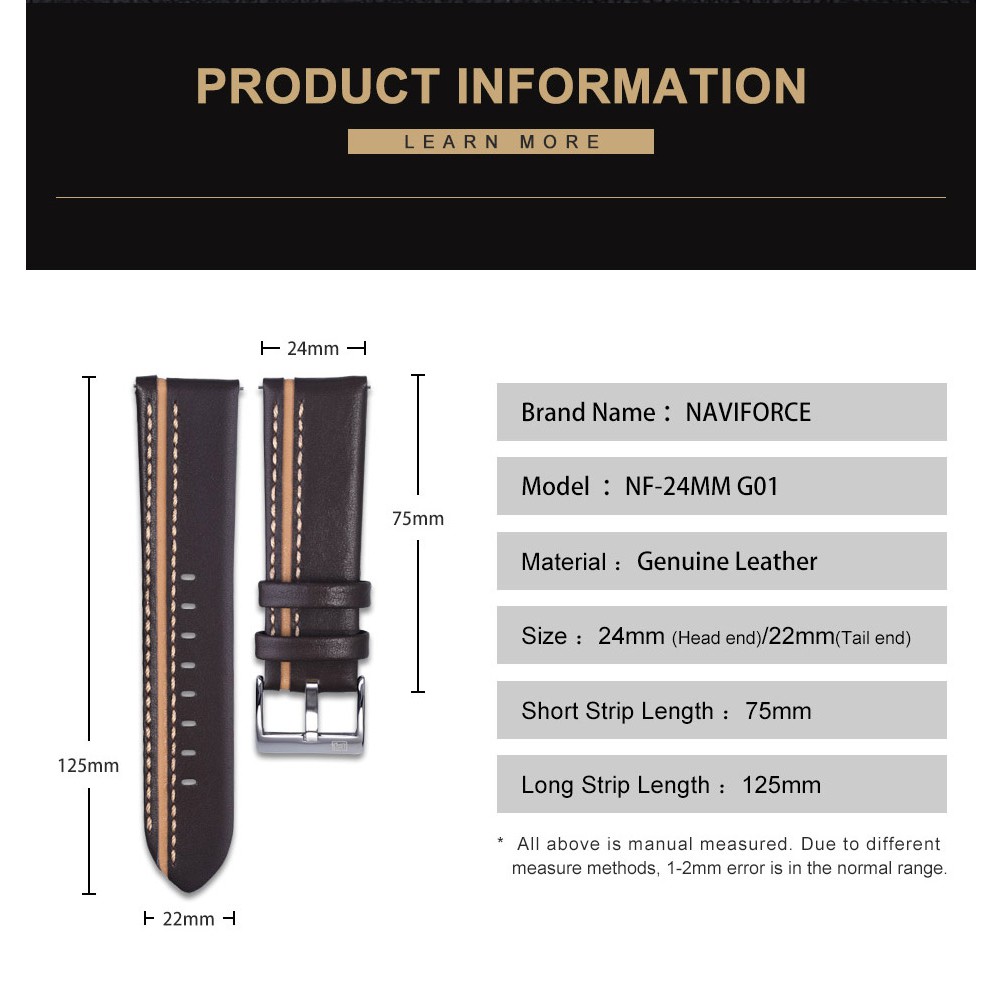 NAVIFORCE G01  สายหนังแท้สายนาฬิกาผู้ชาย 24 มม. นาฬิกาสายรัดข้อมือสีน้ำตาลสีดำสีแดงสีน้ำเงินสร้อยข้อมือแบบสบาย ๆ เข็มขัด