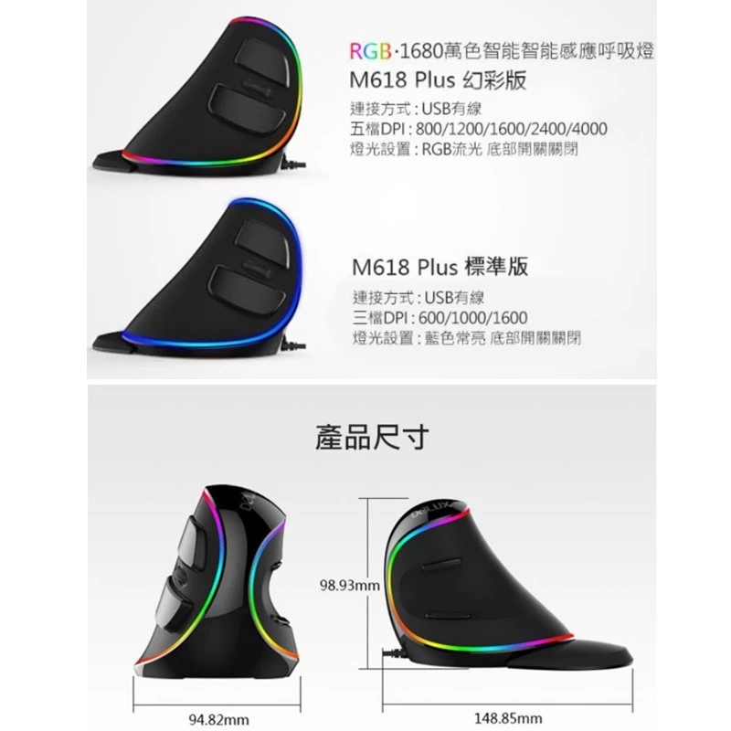 Delux เมาส์แนวตั้ง M618 PLUS Phantom RGB thumbnail 9