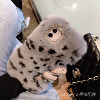 เคสโทรศัพท์มือถือ ผ้ากํามะหยี่ขนนิ่ม ลายเสือดาว ประดับขนกระต่าย พลอยเทียม หรูหรา สําหรับ 14 Rex 13 Keep Warm 12 14promax X 7 8P XS MAX XR 13PRO