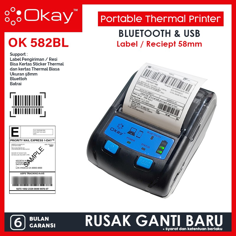 Okay Printer Resi Pengiriman / reciept Printer thermal Okay OK 582BL Portable Bluetooth 58mm (Versi 