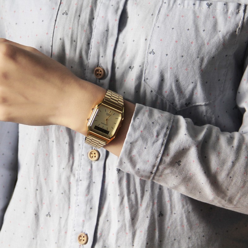 ของแท้ CASIO เทรนด์แฟชั่นเรโทรโกลเด้น unisex ผู้ชายและ นาฬิกาข้อมือผู้หญิง AQ-230GA-9B / 9D