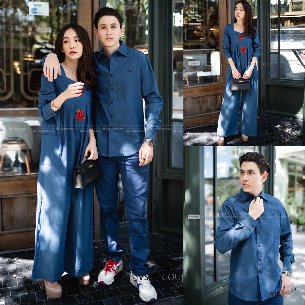 Code no:2010017604-Vsm ชุดคู่รักนี้ใช้ผ้ายีนส์ในการตัดเย็บคะ ผู้หญิงเป็นทรงจั้มยีนส์ยาว คอเหลี่ยม ติ