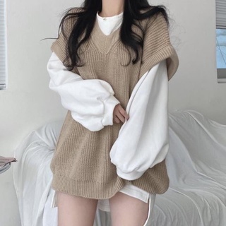 2 pcs/set women Korean split long sleeved top casual knitted vest