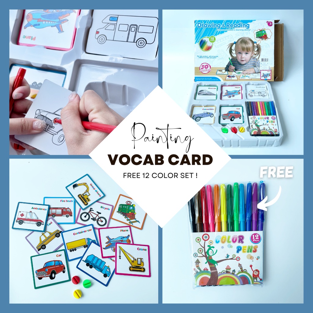 การ์ดคำศัพท์ ระบายสี ฟรี! ปากกาสีในกล่อง 12 สี Flash Card แผ่นหัดอ่าน ฝึกระบายสี Puzzle (30 Pattern)