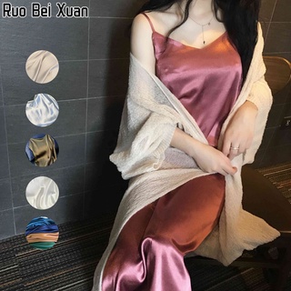 Ruo Bei Xuan สินค้ามาใหม่ เดรสยาวสายเดี่ยวผ้าใหม่ กระโปรงใส่นอนผ้าชีฟอง มี5สีให้เลือก ไซส์ M-3XL