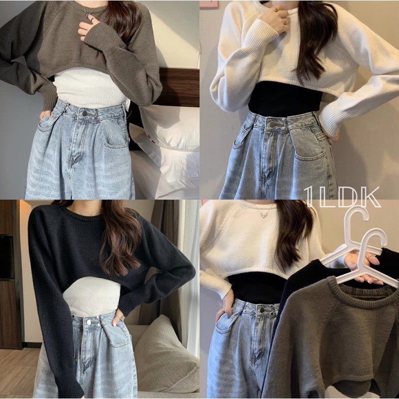 1LDK พร้อมส่ง เสื้อครอป เเขนยาว คอกลม ผ้าไหมพรม ผ้าหนาใส่สบาย (P572)