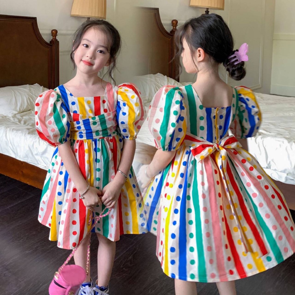 Walibaby 092 พร้อมส่ง ชุดเดรสลายจุด สีรุ้งเด็กผู้หญิง