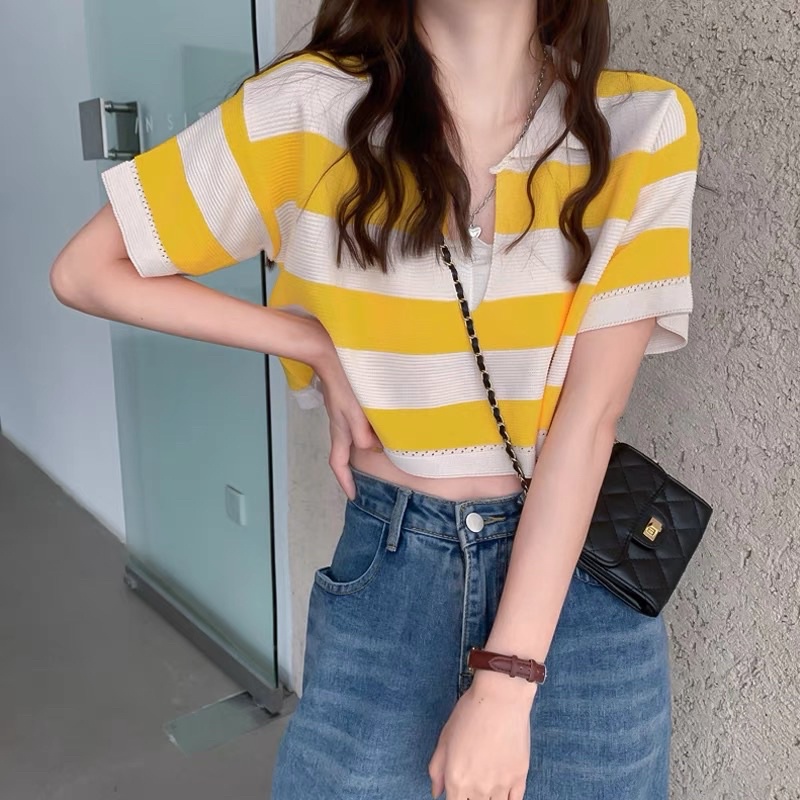 ✗❄☈1LDK❤️พร้อมส่ง❤️เสื้อไหมพรมครอปแขนสั้นคอปก เสื้อครอปแขนสั้นคอวีลายทาง(5958-1)