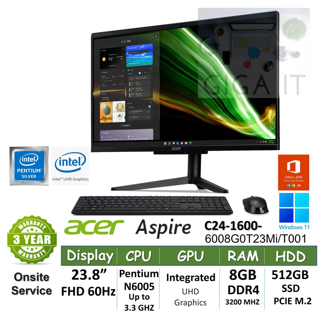 Acer All-in-One Aspire C24-1600-6008G0T23Mi/T001 23.8", Pentium N6005 , 8G, 512GB M.2, Win11 + Office ประกัน Onsite 3 ปี