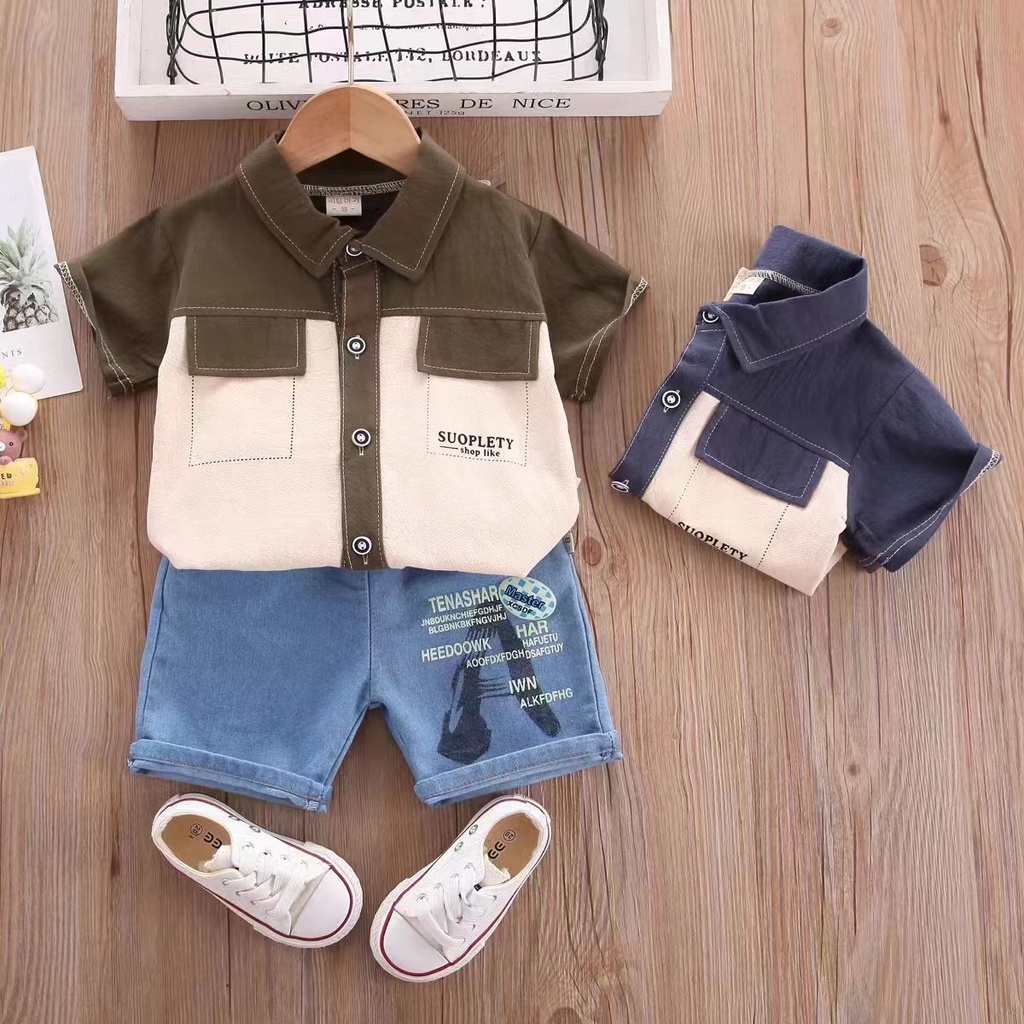 เสื้อผ้าแฟชั่นเด็ก เสื้อเชิ้ตแขนสั้น + กางเกงยีนส์เด็ก มี 2 แบบให้เลือก