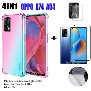 (4in1) OPPO A74 4g A54 4G A 74 5G A53 เคสโทรศัพท์มือถือป้องกันการหล่นสี่มุม + ฟิล์มกระจกนิรภัย + ฟิล์มด้านหลังคาร์บอนไฟเบอร์ + ฟิล์มเลนส์กล้อง