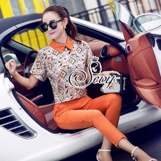 🎉Sevy Two Pieces Of Orange Collar Short Sleeve Shirt With Pants Sets