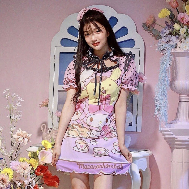 Macaron hombeth🏩เดรสสั้นแขนตุ๊กตาดีเทลคอระบาย