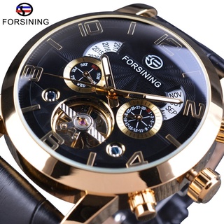 Forsining Golden Bezel Tourbillion Year Month Display Genuine Leather Men Watches Top Brand Luxury Self Winding Automati