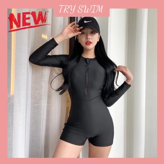 TRY Women Rash Guard Long Sleeve One Piece Swimsuit Zipper Surfing Bathing Suit UPF 50 Short Pants