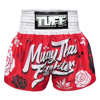 TUFF มวยไทย กางเกงมวยไทย สีแดง ขาว ลายดอกไม้ TUFF Muay Thai Boxing Shorts Muaythai Fighter with Painted Flower Pattern