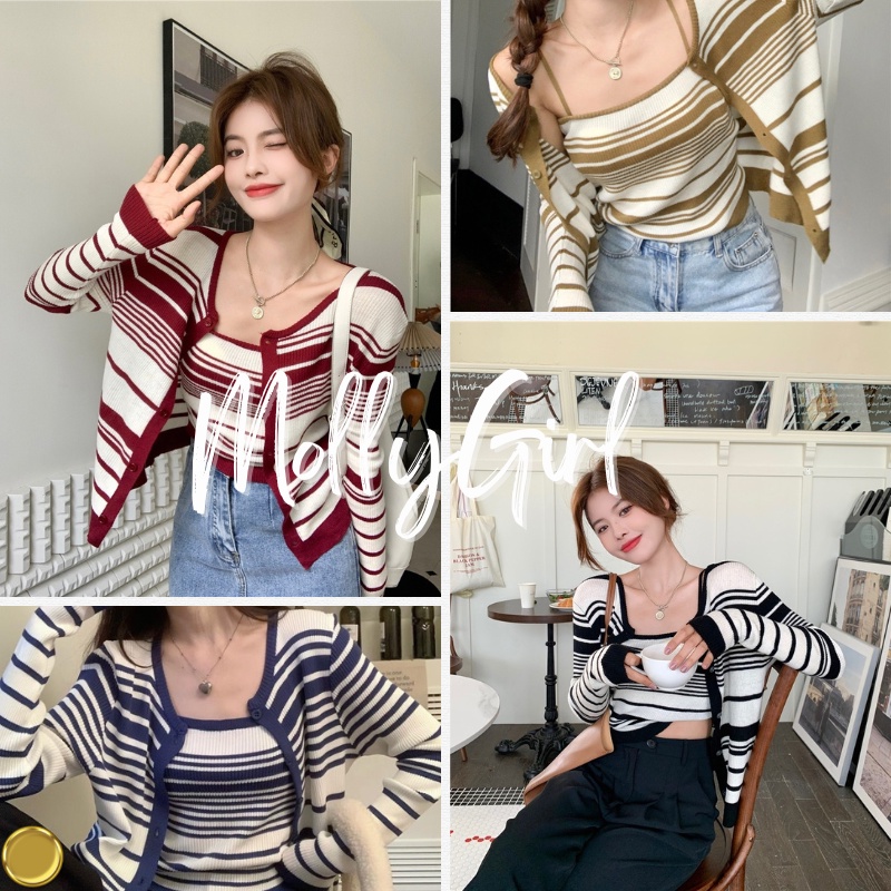 mollygirl เสื้อเซตเสื้อแขนยาวไหมพรมลายทาง เสื้อ ผญแฟชั่น