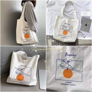 Onnis_closetพร้อมส่ง🍊กระเป๋าสะพายไหล่กระเป๋าถือผ้าใบพิมพ์ลายสีส้มกระเป๋าผ้าแคนวาสสไตล์เกาหลี#966896