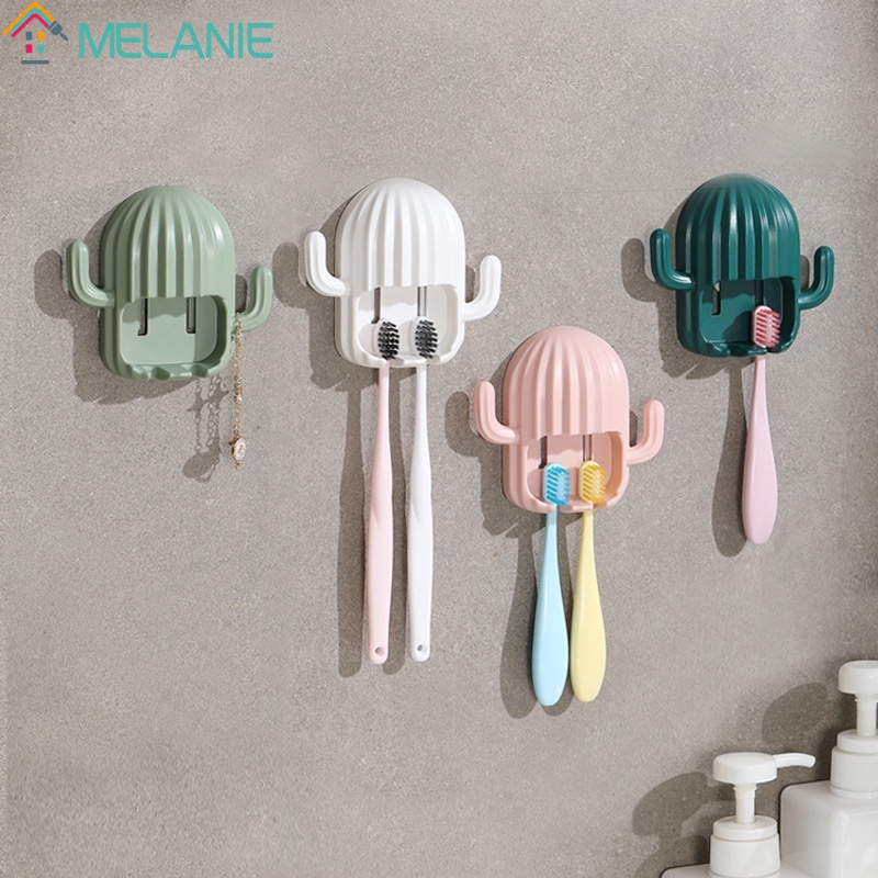 Home Creative Wall Mounted Self-Adhesive Cactus Shape Toothbrush Holder With Two Hooks