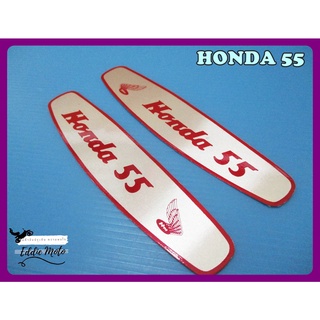 HONDA 55 FUEL TANK "ALUMINUM" DECAL size 3cm.x13.5cm.  // แผ่นเพลทข้างถังน้ำมัน ซ้าย-ขวา อลูมิเนียม ตัวหนังสือแดง