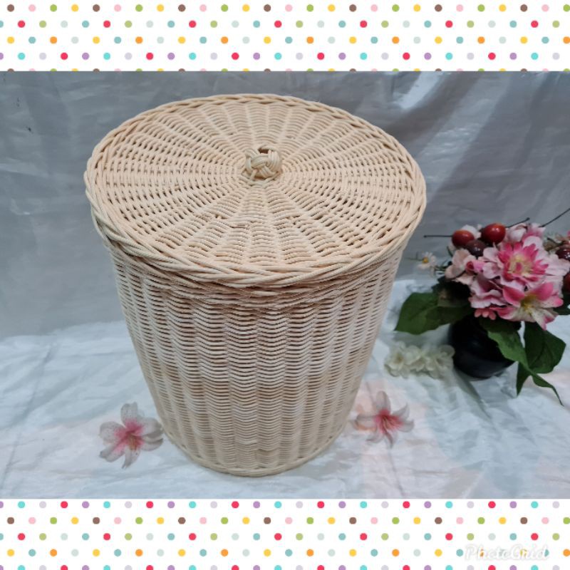 K75S - ตะกร้าหวายพรีเมี่ยมฝากลม S 25x30 ซม. กล่องหมั้นเก็บของตกแต่งซักรีด