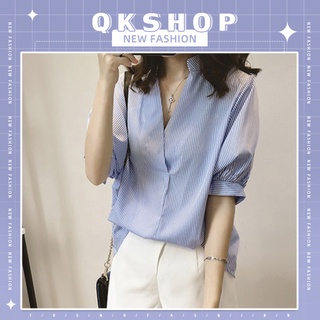 QKshop 🖤💙 เห็นแล้วตาเป็นประกายเลยจ้า อยากได้ๆ เสื้อเชิ้ตลายทางใส่สบายมาก สุภาพใส่ได้ทุกโอกาสเลยน๊า ต้องมีติดตู้ไว้แล้ว💫