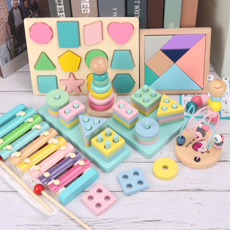 CuteHome หอคอยไม้ ห่วงเรียงชั้น ของเล่นไม้สวมหลัก ของเล่นไม้ เสริมพัฒนาการเด็ก หอคอยสีรุ้ง เรียนรู้สีสัน