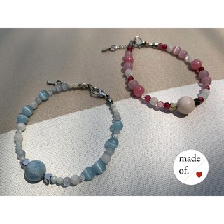 สร้อยข้อมือหินมงคล Beryl10mm หินตาแมว+คริสตัล สีพาสเทล สายหวานแฟชั่น สายโซ่เงินปรับความยาว