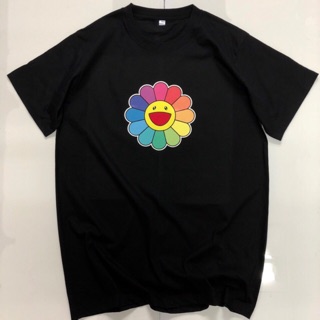 เสื้อยืดสีดำสกรีนflex ลาย murakami flower ดอกไม้สีรุ้ง