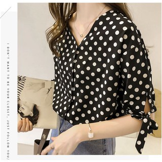 เสื้อทำงาน สีดำพิมพ์ลาย Polka Dot คอวีแขนผูกโบว์ งานน่ารัก