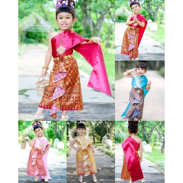 รหัสSi)ชุดไทยเด็กสไบผ้าถุงหน้านางระบาย ชุดไทยน่ารัก