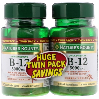 🔥PreOrder🔥 Natures Bounty, B-12, Twin Pack, Naturally Cherry Flavor, 5,000 mcg, 40 Quick Dissolve Tablets Each