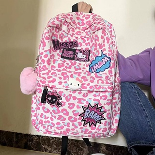 ของแท้ Y2k Millennium Pink Leopard กระเป๋าเป้สะพายหลัง กระเป๋านักเรียน ลายการ์ตูน Hello Kitty หวานและเผ็ด